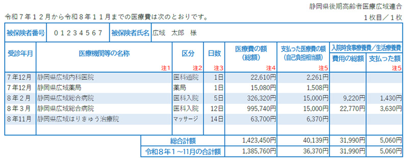 医療費通知の記載内容の例