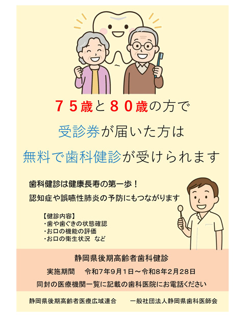 75歳と80歳の方、受診券が届いた方は無料で歯科検診が受けられます